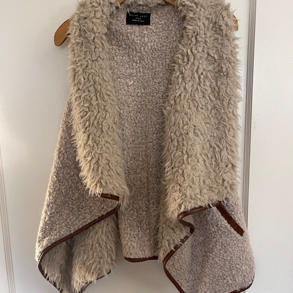 Love Tree Cream Faux-Sherpa Open Drape Vest with Brown Trim